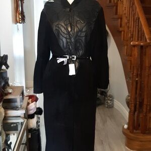 Suede Maxi Coat with Leather Accents